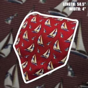 Lands' End Red Nautical Sailboat Novelty Silk Necktie Hand Sewn Sailing 58.5"